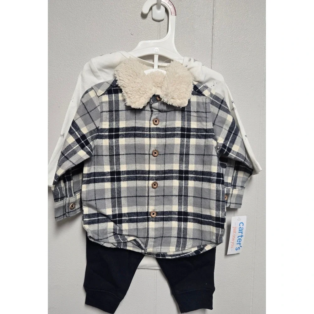 Carters Just One You Baby Boy 3pc Plaid Flannel Sherpa Set 1R740810 Grey Navy 6M